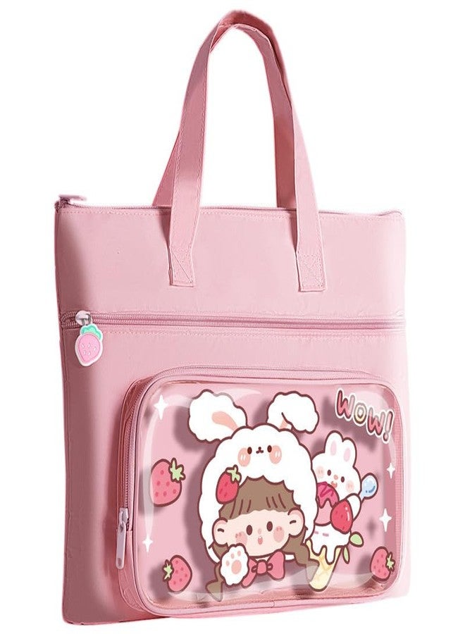 Nispruhay Cute Cartoon Transparent Front Bunny Tote Bag with Zip & Handles Rabbit Graphic Clear Pocket Handbag Stationary pouch (Pink) - Image 1